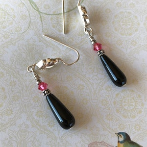 Black earrings,dangle earrings, gemstone dangle earrings, pink and black earrings, sterling silver earrings, beaded earrings, sundance style