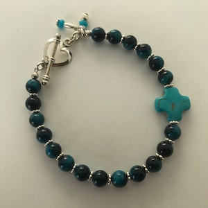 Teal bracelet, cross bracelet, blue tiger eye bracelet, turquoise cross bracelet, Christian bracelet, Christian jewelry, faith bracelet