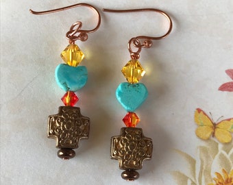 Turquoise earrings, copper earrings, cross earrings, Faith Earrings, Christian earrings, beaded earrings, crystal earrings, gift