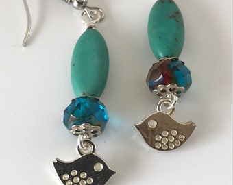 Bird earrings, blue earrings, teal earrings, bird dangle earrings, turquoise color earrings, earrings for women, ladies earrings, gfit