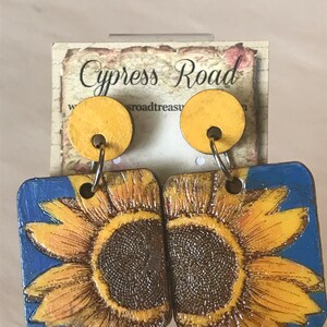 Handpainted Sunflower Wood Earrings: Blue Floral Stainless Steel Posts