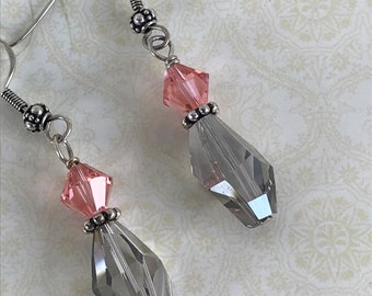 Crystal earrings, crystal dangle earrings, pink earrings, pink and gray earrings, wedding earrings, prom earrings, sterling silver earrings