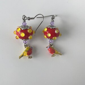 Enameled Bird Earrings: Lampwork Glass Beads, Stainless Steel