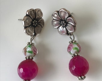 Floral earrings, hot pink floral earrings, pink flower earrings, pink floral earrings, spring flower earrings, summer earrings, gift for her