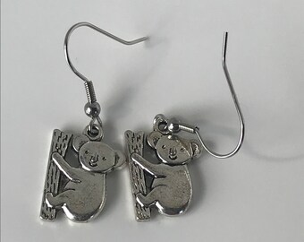 Silver koala bear earrings, koala earrings, silver tone bear earrings, koala bear dangle earrings, silver bear earrings, gift for her