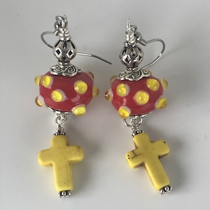 Red and yellow earrings, yellow cross earrings, lamp work earrings, tomato red earrings, cross dangle earrings, yellow earrings, gift