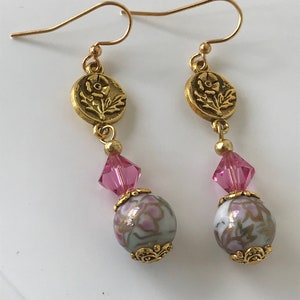 Floral earrings, pink dangle earrings, pink earrings, flower earrings, pink crystal earrings, wedding earrings, earrings for women, gift
