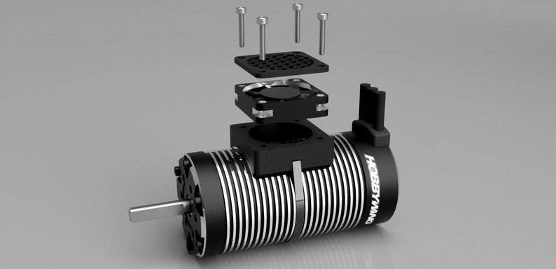 May include: A disassembled black electric motor with a cooling fan and a metal heatsink. The motor is labeled "HOBBYWING".