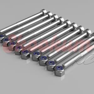 May include: A set of ten silver-coloured bolts with hexagonal nuts. The nuts have a blue rubber washer.