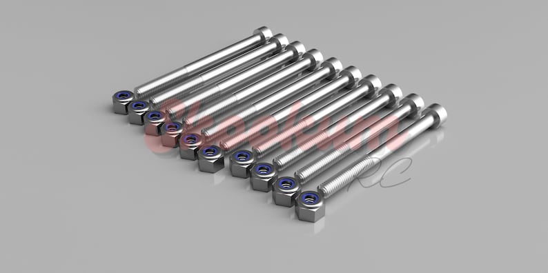 May include: A set of ten silver-coloured bolts with hexagonal nuts. The nuts have a blue rubber washer.