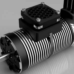 May include: A black electric motor with a silver cooling fin and a black fan with a honeycomb design. The motor has the word "HOBBYWING" printed on the side.