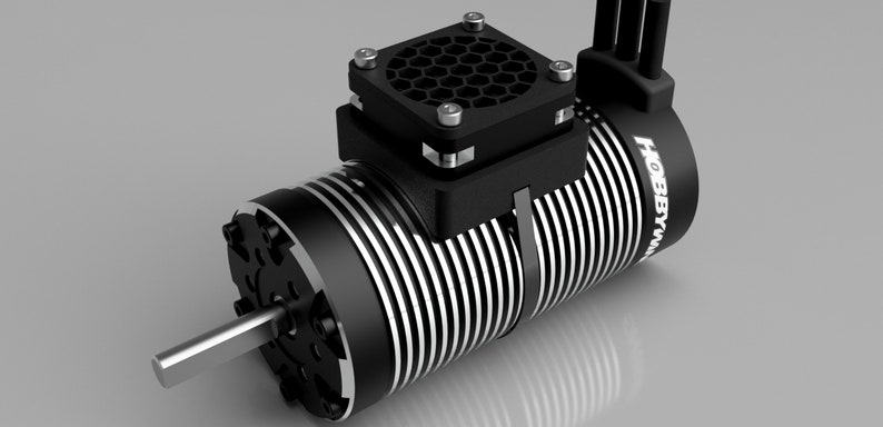 May include: A black electric motor with a silver cooling fin and a black fan with a honeycomb design. The motor has the word "HOBBYWING" printed on the side.