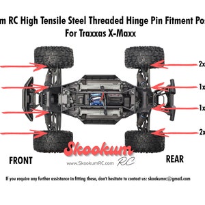 May include: Diagram showing the placement of long and short hinge pins on a Traxxas X-Maxx RC car. The diagram shows the front and rear of the car with arrows pointing to the location of the pins. The text "Skookum RC" is visible in the centre of the image.