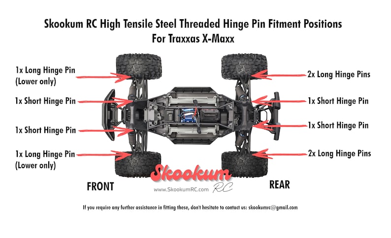 May include: Diagram showing the placement of long and short hinge pins on a Traxxas X-Maxx RC car. The diagram shows the front and rear of the car with arrows pointing to the location of the pins. The text "Skookum RC" is visible in the centre of the image.
