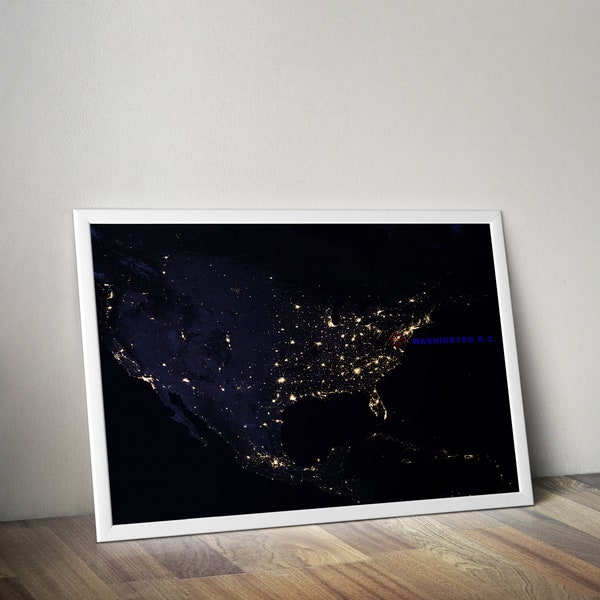 Instant printable wall art of USA at night seen from space pinpointing Washington D.C. - elements of this image furnished by NASA