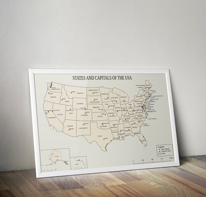 Instant Printable Wall Art - Map of States and Capitals of USA - Size ...