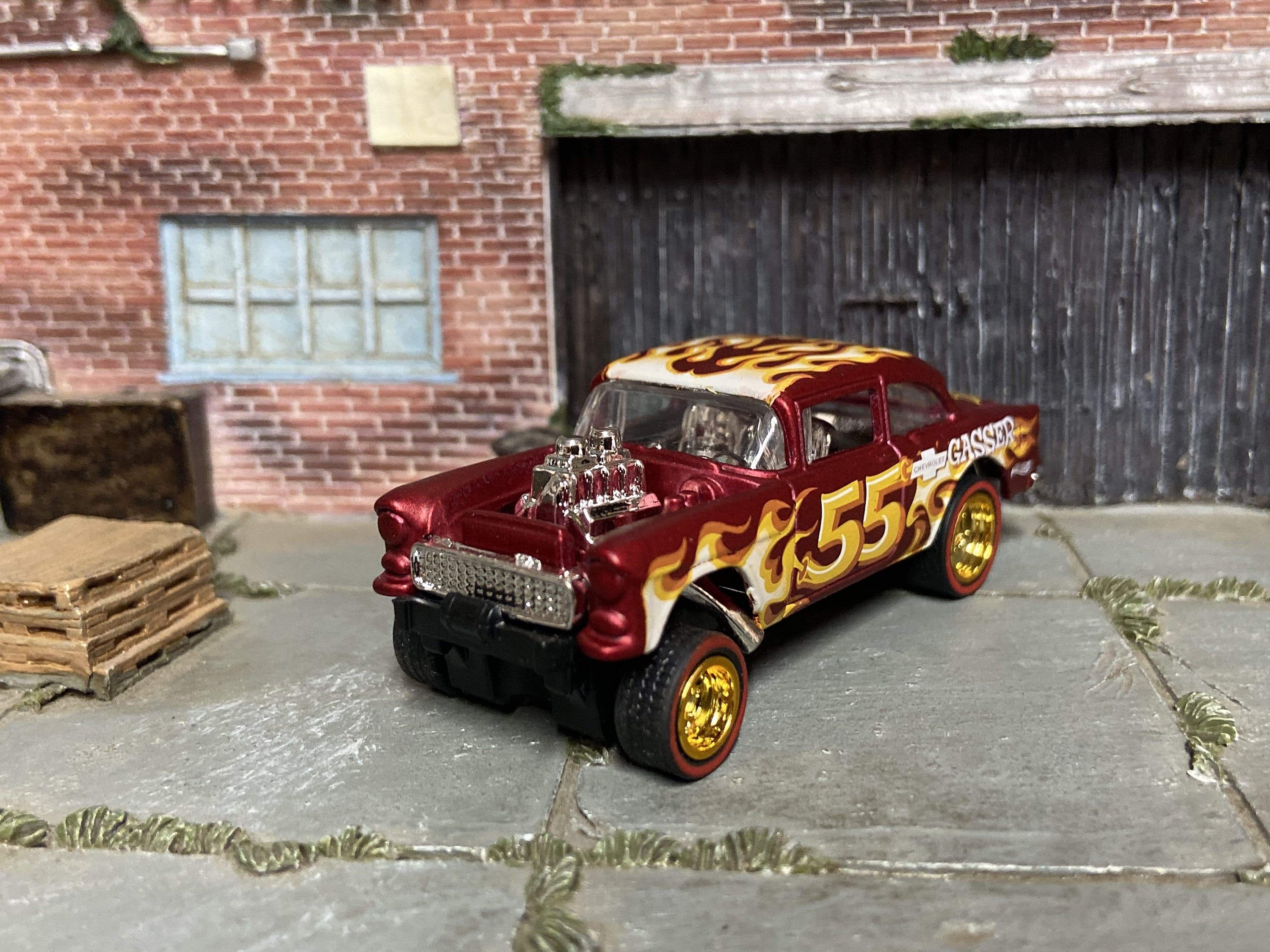 Custom Hot Wheels 1955 Chevy Gasser Drag Car in Red With Flames