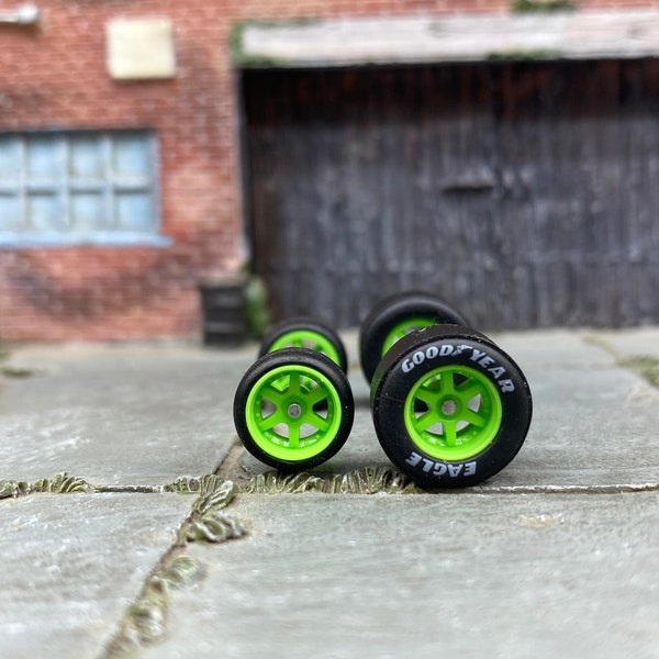 Custom Hot Wheels - Wheels and Matchbox Rubber Tires - Green 6 Spoke Wheels "Goodyear Eagle" Drag Slicks