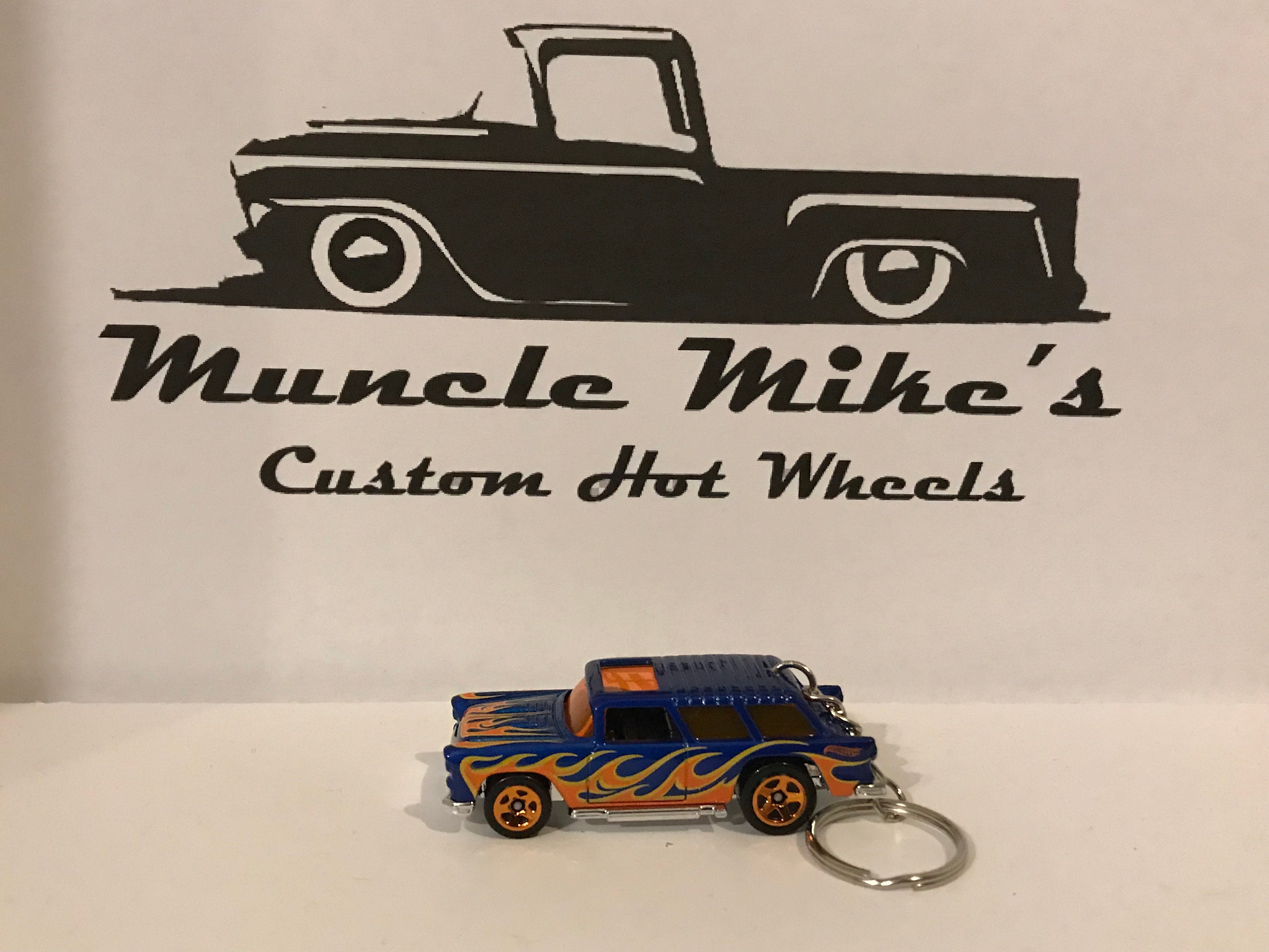Custom Hot Wheels 55 Chevy Nomad wagon blue with orange flames keychain key chain