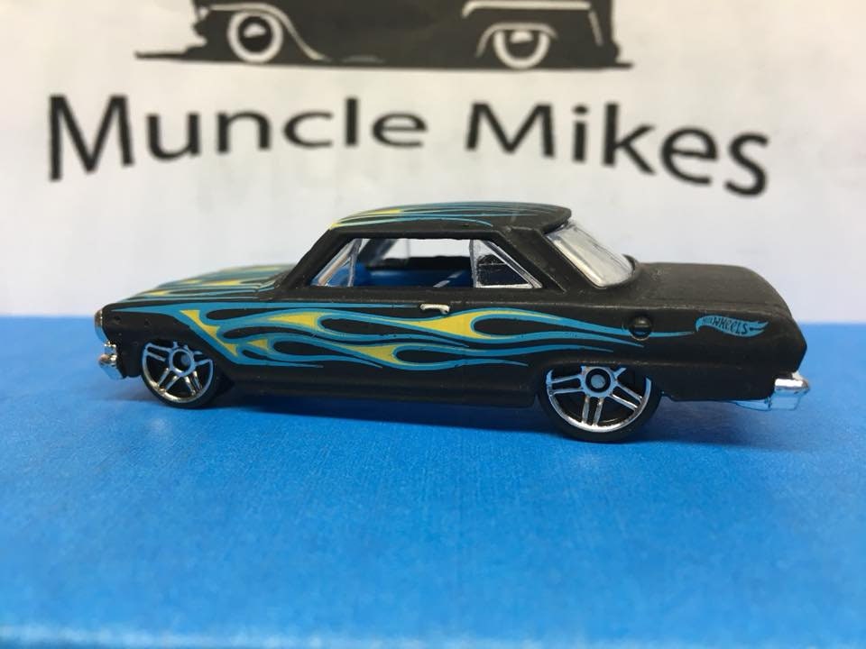 Custom Hot Wheels 63 Chevy II Nova Factory Flat Black With Flames