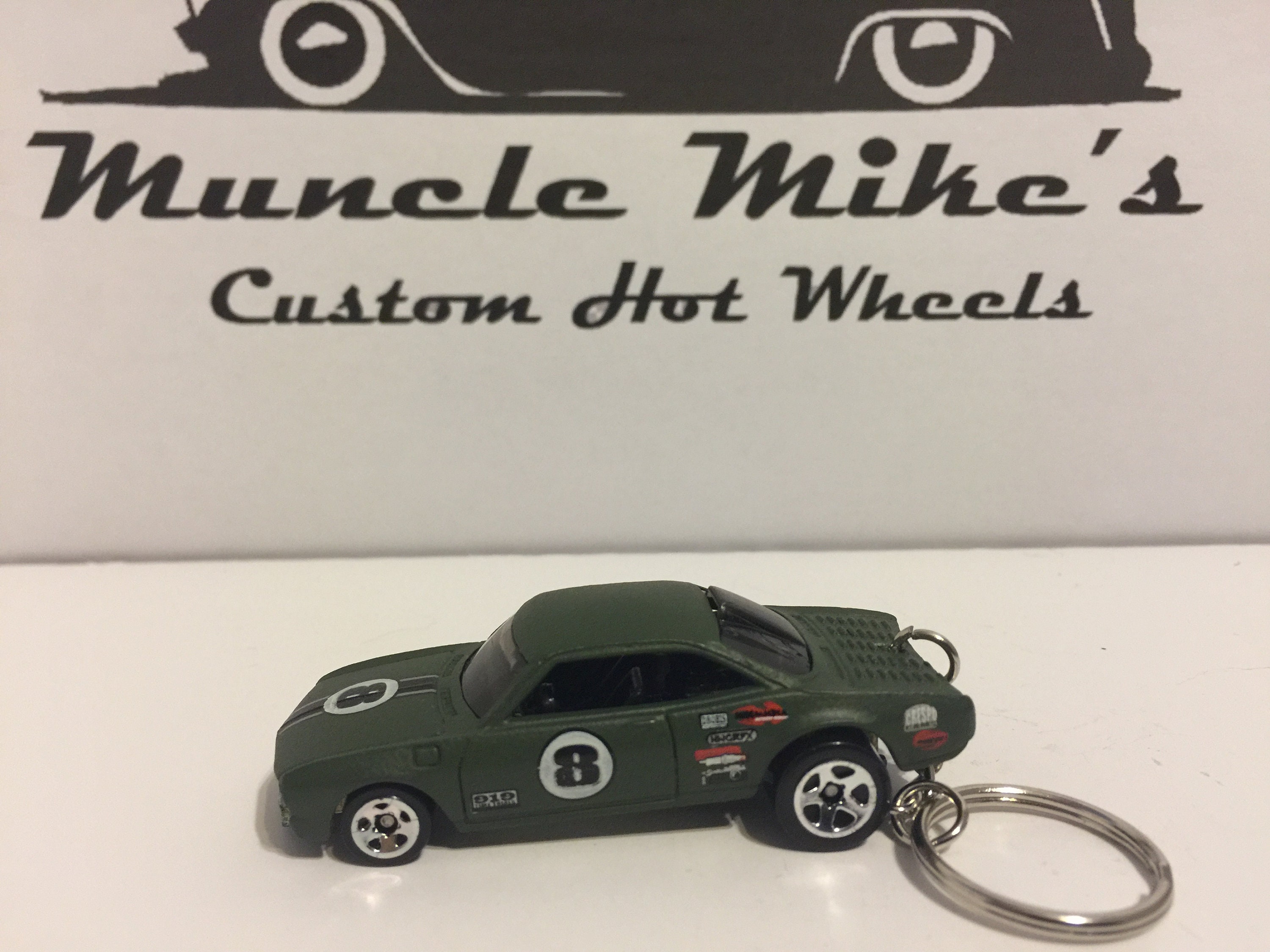 one-of-a-kind Custom Hot Wheels army green VAIRY 8 Corvair racecar key chain keychain