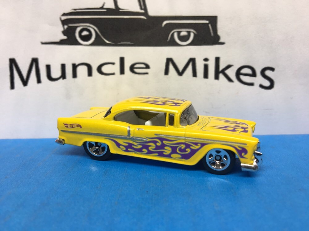 Collectible 2018 Hot Wheels 1955 Chevy Yellow With Purple Flames With Custom Clear Display Case