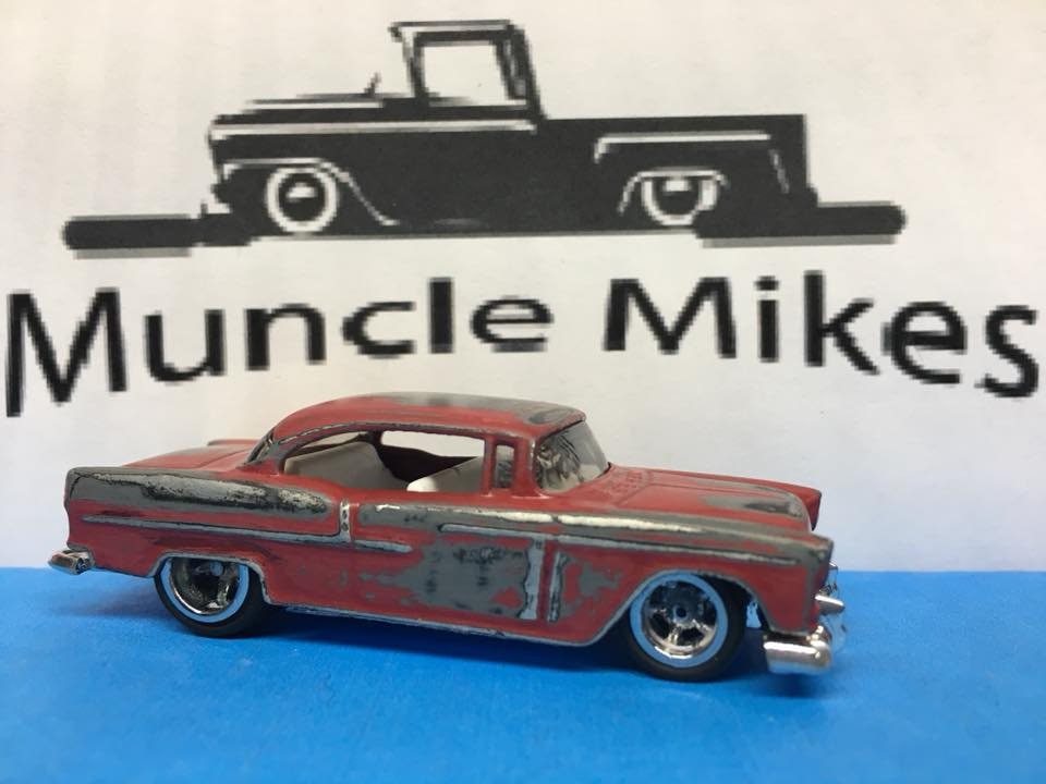 Custom Hot Wheels 55 Chevy Red Patina Rubber Tires Real Rider Style