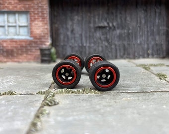 Ruedas Hot Wheels personalizadas y neumáticos de goma Matchbox - Ruedas de carreras americanas de 5 radios negras y rojas y neumáticos de goma de 10 mm y 10 mm