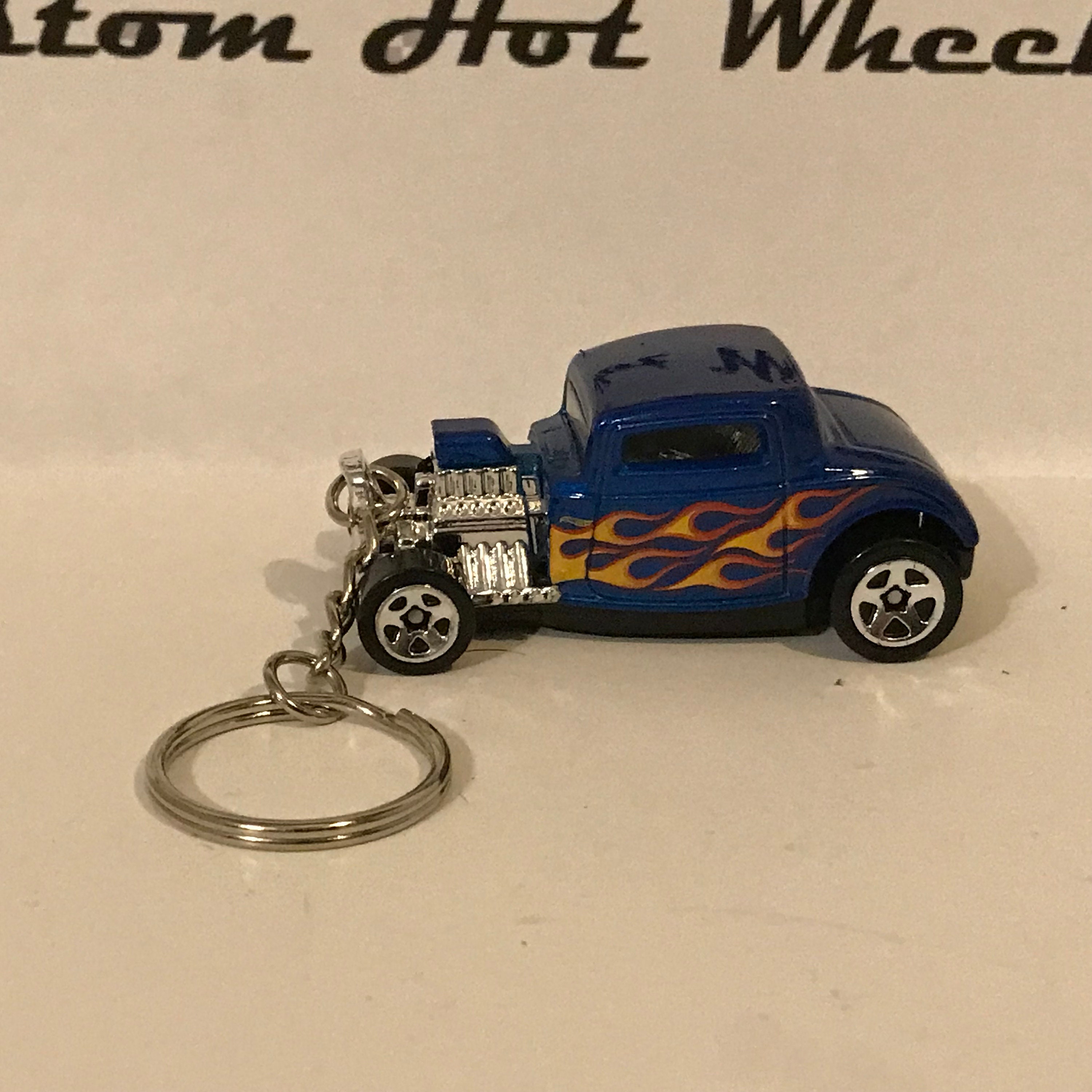 Custom Hot Wheels 32 Ford blue with flames keychain key chain