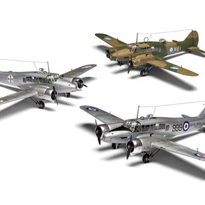 May include: Three scale model twin-engine aircraft. One is silver with a red and green tail emblem. Another is olive green and tan with blue and white roundels and the text N61. The third is silver with black markings, the text 999, and Royal Navy.