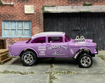 Custom Hot Wheels - 1955 Chevy Gasser - Purple and White Triassic-Five - Chrome AMR Wheels - Goodyear Slicks