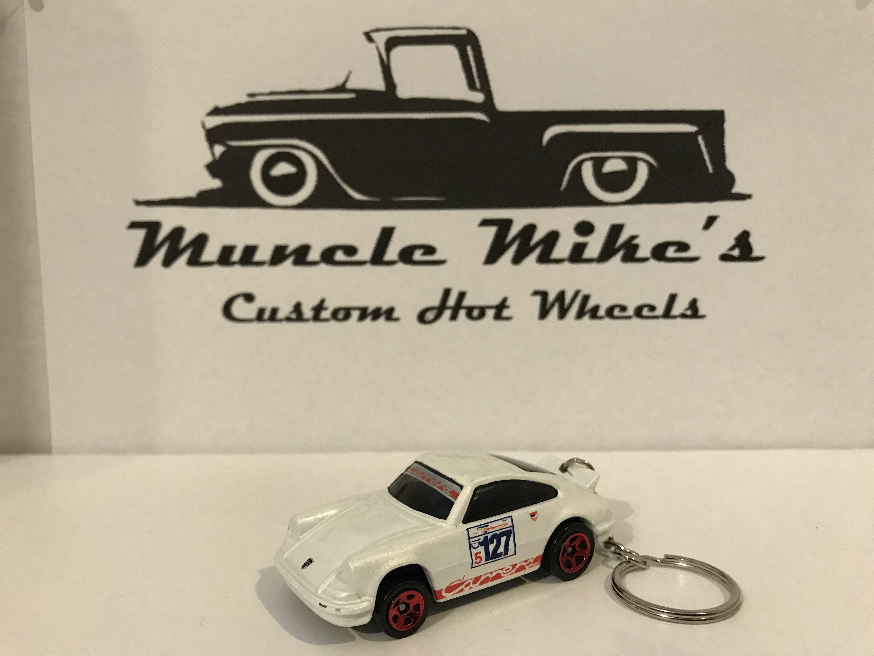 Custom Hot Wheels white racing #127 Porsche Carrera key chain keychain (imperfections on roof)