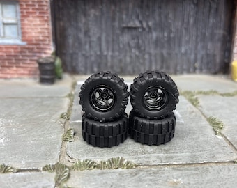 Custom Hot Wheels Wheels and Matchbox Rubber Tires - Black 5 Spoke Racing Wheels Rubber Off Road 4X4 Tires