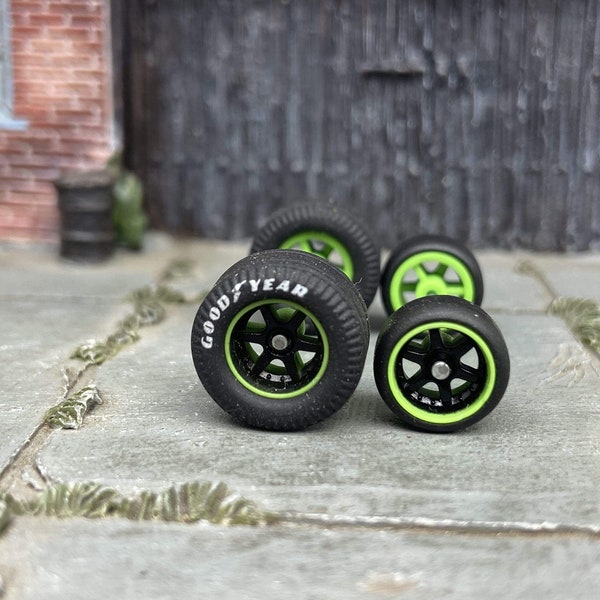 Custom Hot Wheels Wheels and Matchbox Rubber Tires - Black and Green 6 Spoke Studded Race Wheels With Goodyear Rubber Tire Cheater Drag