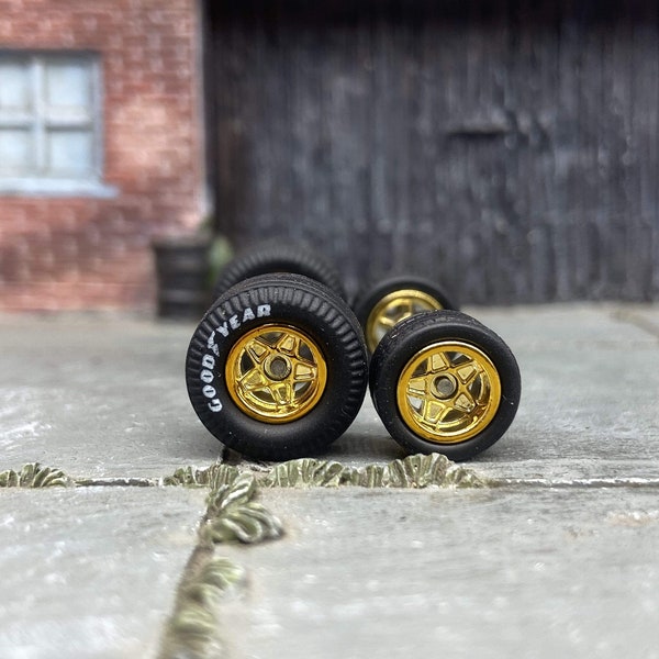 Custom Hot Wheels Wheels and Matchbox Rubber Tires - Gold 5 Star Race Wheels With Goodyear Rubber Tire Cheater Drag Slicks 13mm