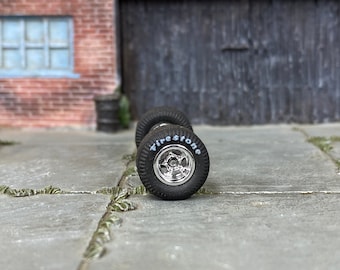 Ruedas Hot Wheels personalizadas y neumáticos de goma Matchbox - Ruedas de carrera cromadas de 5 radios con neumáticos de goma Firestone Tramposos Drag Slicks 13 mm BYOA