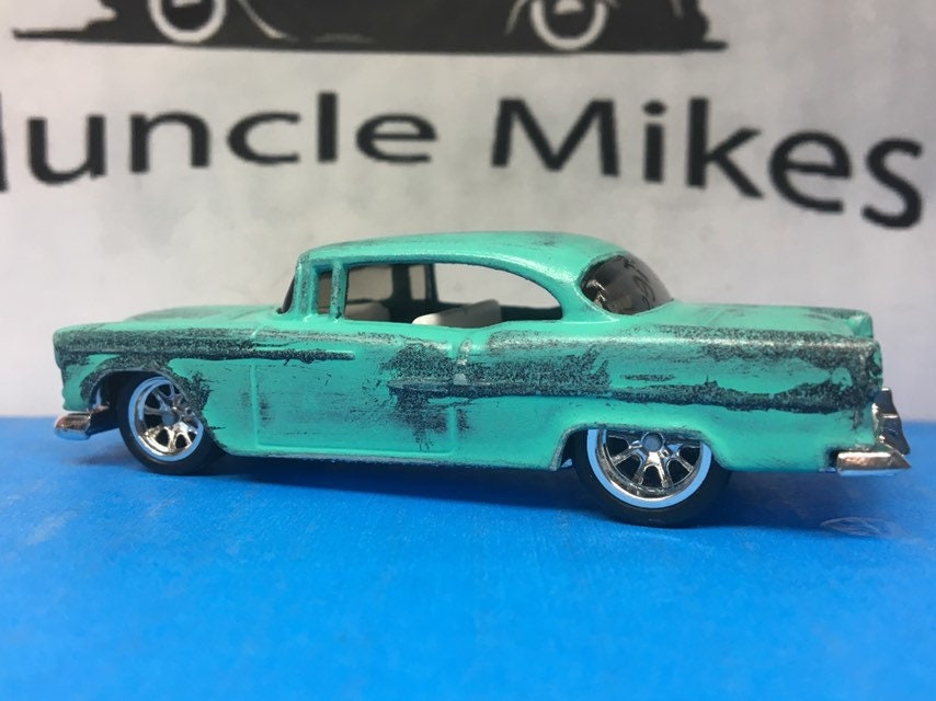 Custom Hot Wheels Patina: 1955 Chevy Rubber Tires Real Rider Custom Painted Blue/Black Patina Style Free Shipping!