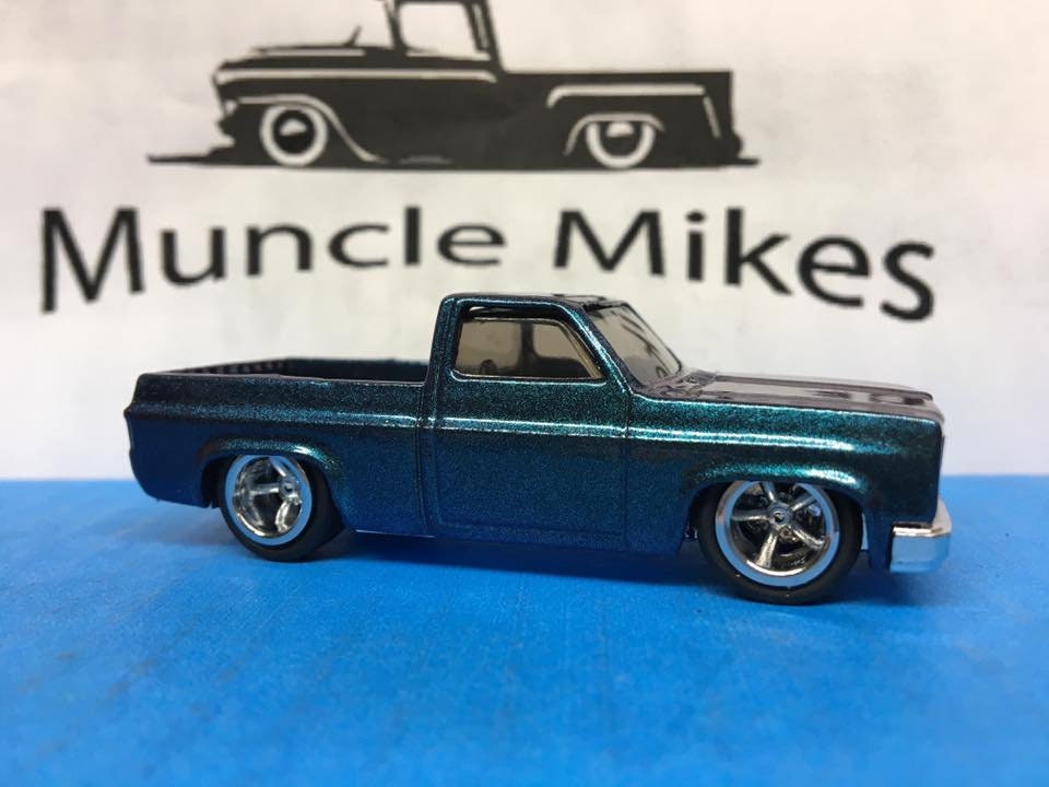 Custom Hot Wheels 83 Chevy Silverado SWB Custom Painted Chamaeleon Green to Purple Rubber Tires Real Rider Style
