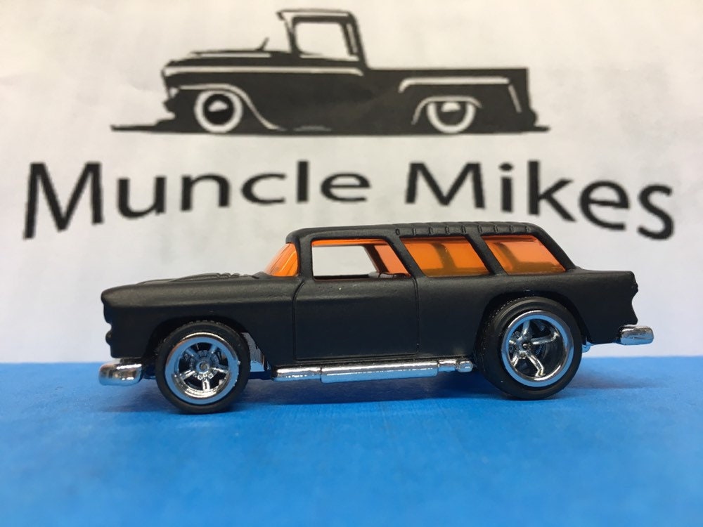 Custom Hot Wheels 1955 Chevy Nomad American Racing Wheels with Rubber Tires Custom Painted FLAT BLACK