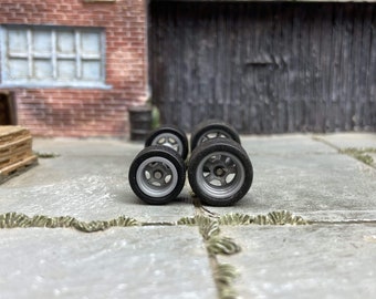 Ruedas Hot Wheels personalizadas y neumáticos de goma Matchbox - Ruedas de carreras americanas de 5 radios grises y neumáticos de goma de 10 mm y 12 mm