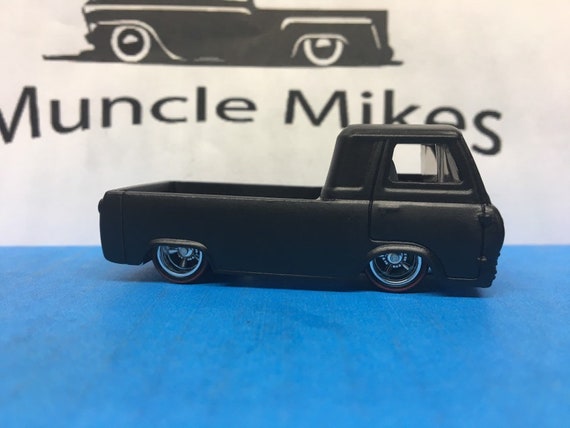 Hot Wheels 60 Ford Econoline Pick Up Real Rider Red Line Rubber Tires Custom Painted Flat Black