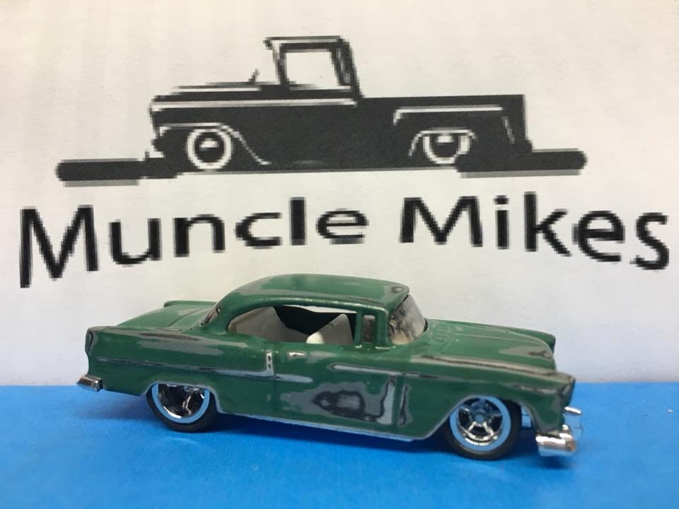 Custom Hot Wheels 55 Chevy Green Patina Rubber Tires Real Rider Style