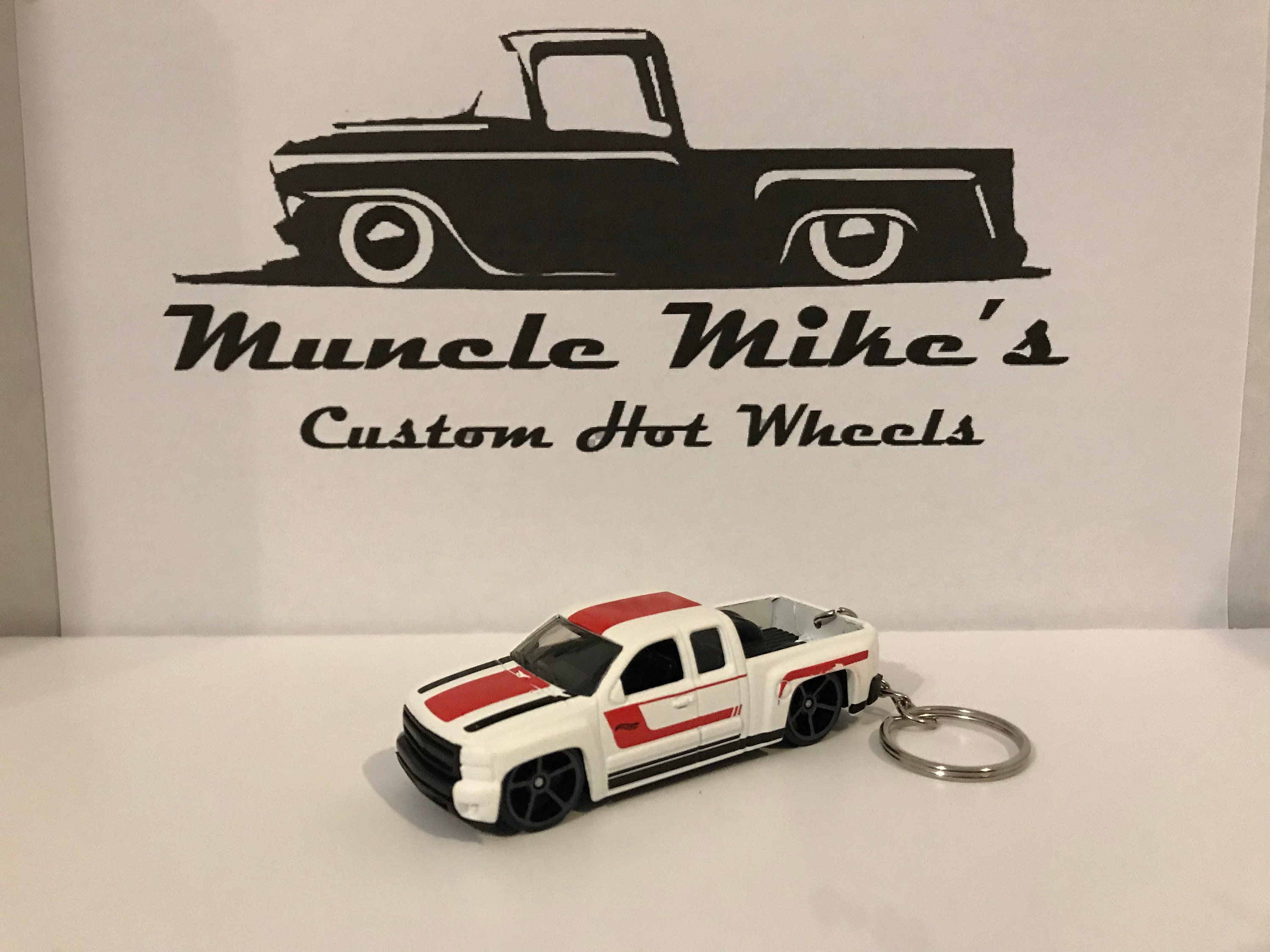 Custom Hot Wheels white Chevy Silverado truck key chain keychain