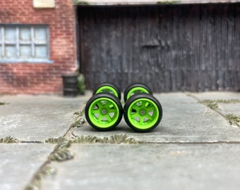 Custom Hot Wheels - Matchbox Rubber Tires & Wheels Green 6 Spoke Studded Race Wheels 10mm - 10mm