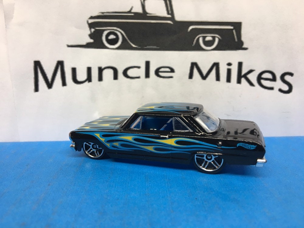 Collectible 2018 Hot Wheels 1963 Chevy II Nova Black W/ Flames With Custom Clear Display Case