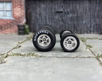 Ruedas Hot Wheels personalizadas y neumáticos de goma Matchbox: ruedas de carrera cromadas de 5 radios con neumáticos de goma Firestone Cheater Drag Slicks de 13 mm