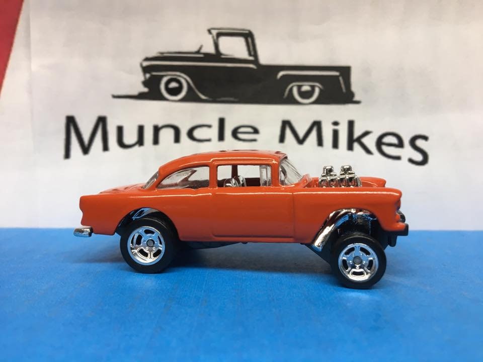 Custom Hot Wheels 1955 Chevy Gasser Drag Wheels With Rubber Tires Custom Painted HUGGER ORANGE Free Shipping!