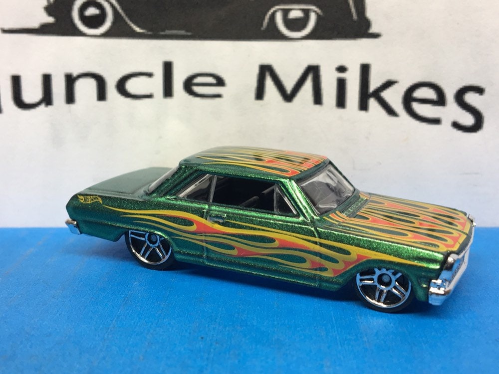 Collectible 2018 Hot Wheels 1963 Chevy II Nova Green W/ Flames With Custom Clear Display Case