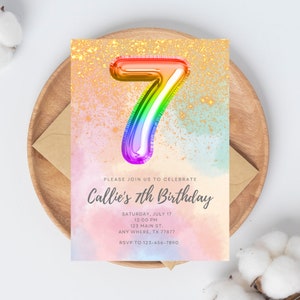 7. Geburtstag Einladung Regenbogen Glitzer Pastell, Mädchen Geburtstagseinladung, Bunte Party Einladung EDITIERBAR, SOFORTIGER DOWNLOAD