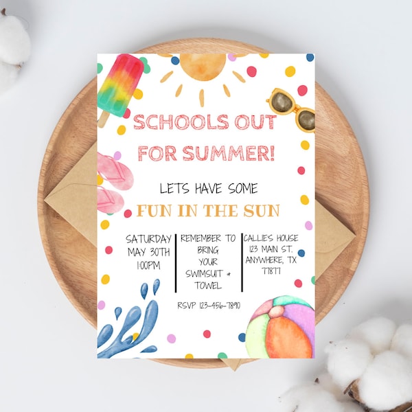 Schools out for summer Invitation, End of school year party Invitation, Fun in the sun Invitation, Summer EDITABLE, DIGITAL DOWNLOAD